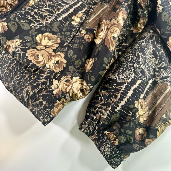 100% Silk Xposure VTG Women's PL Petite Large Black Tan Floral Full Zip Jacket - Picture 5 of 8